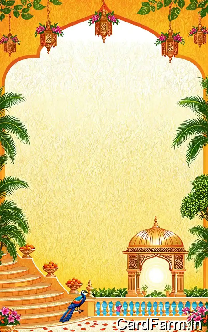 Haldi ceremony invitation with golden orange palace terrace, peacock stairs fountain, bronze lanterns, January 7th Orchid Green Gardens Pune venue