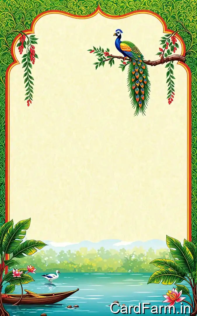 Mehendi ceremony invitation with green orange ornate border, peacock on branch, lakeside boat swan, August 7th Orchid Green Gardens Pune venue