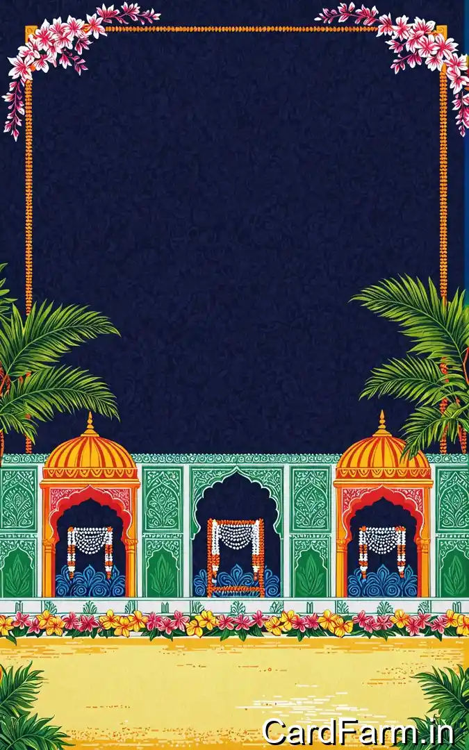 Wedding reception invitation with navy palace facade, marigold garlands, pearl decorations, tropical flowers, January 7th Orchid Green Gardens Pune venue