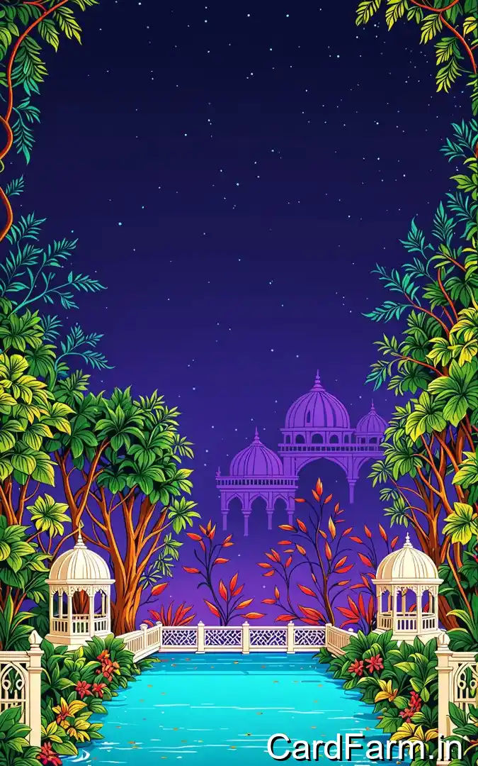 Sangeet musical night invitation with purple palace garden pool, white gazebos, tropical foliage, January 7th Orchid Green Gardens Pune venue