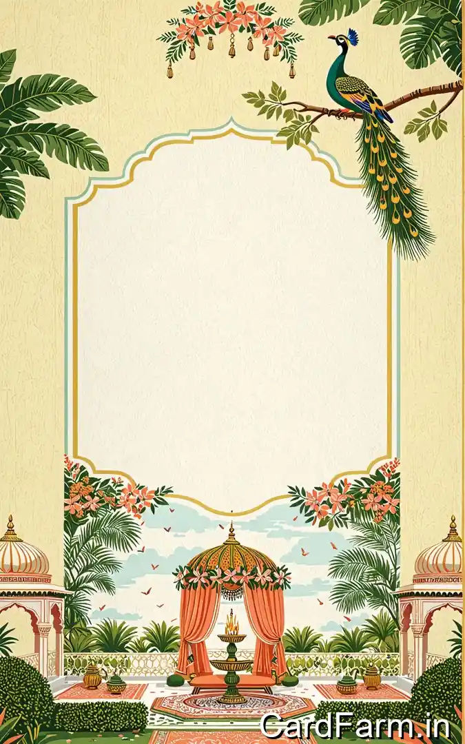 Hindu wedding ceremony invitation with peacock golden frame, coral orange mandap fountain, palace domes, October 4th formal dress Orchid Gardens Pune
