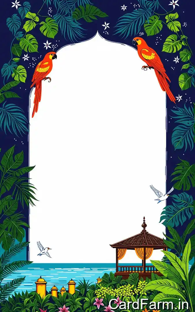 Indian wedding contact card with navy tropical night, red parrots, monstera leaves, lakeside gazebo, Aggarwal family best wishes exotic theme