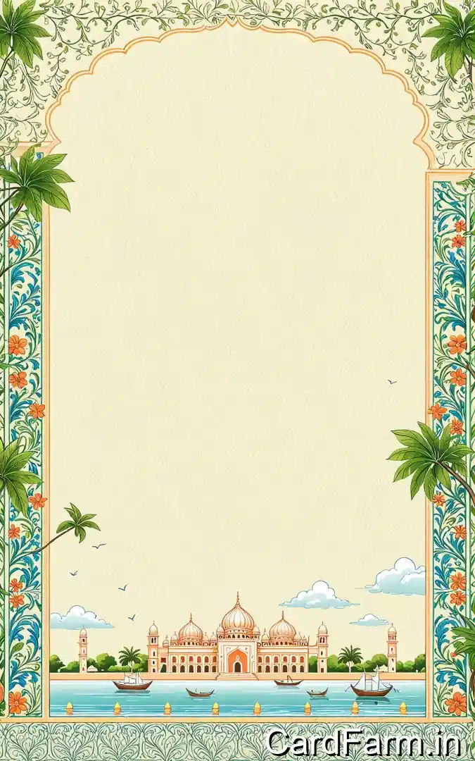 Indian wedding family invitation with Ganesh symbol, turquoise floral border, palace riverside boats, families cordially invite son wedding celebration