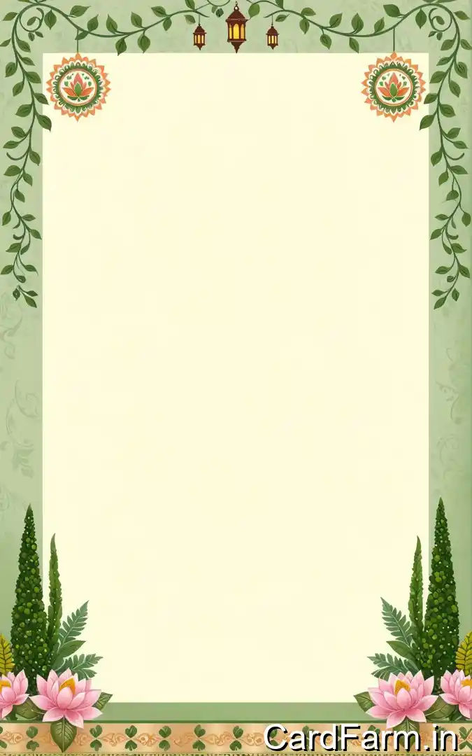 Indian wedding invitation card with green leaf vines, hanging lanterns, lotus mandala designs, pink flowers, Aggarwal family contact details