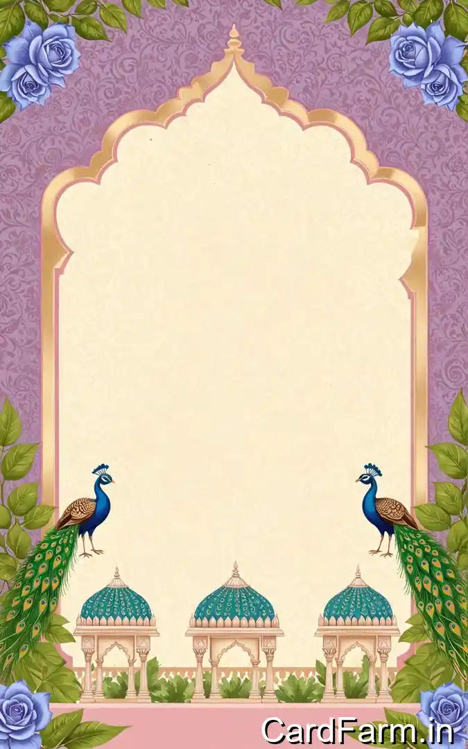Traditional Indian wedding invitation with purple paisley pattern, blue roses, peacock pair, turquoise dome pavilions, bride and groom details from Rakesh and Seema Aggarwal
