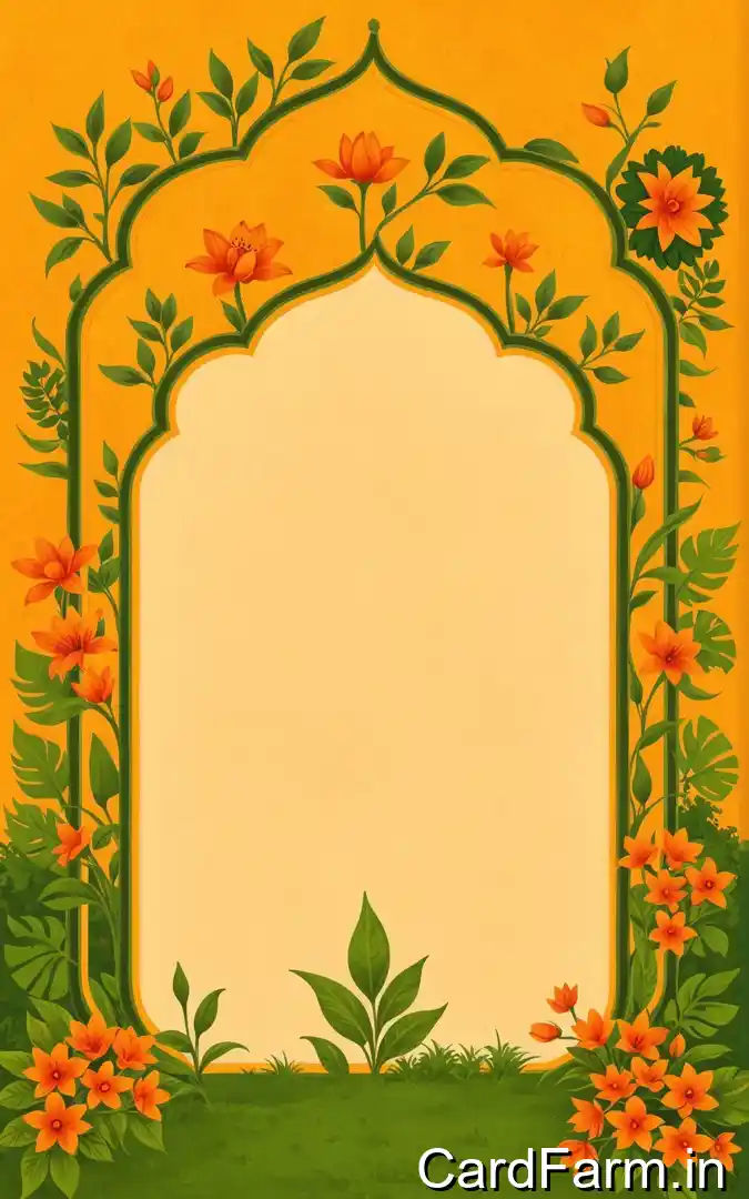 Golden glow of love haldi ceremony invitation with orange flowers, green Mughal arch frame, turmeric theme, October 2025 Orchid Green Gardens Pune