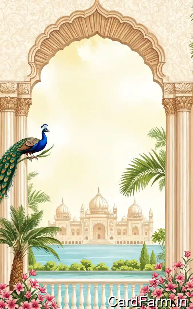 Mughal wedding announcement with ornate arch frame, peacock, elephant palace motif, waterfront mosque view, tropical palms, bride and groom tying the knot Instagram hashtag