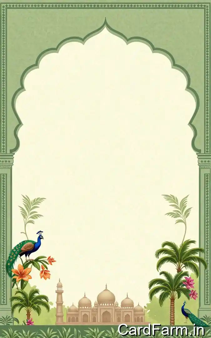 Mehendi ceremony invitation card with green Mughal arch frame, peacock pair, tropical palms, mosque silhouette, August 2025 Orchid Green Gardens Pune venue