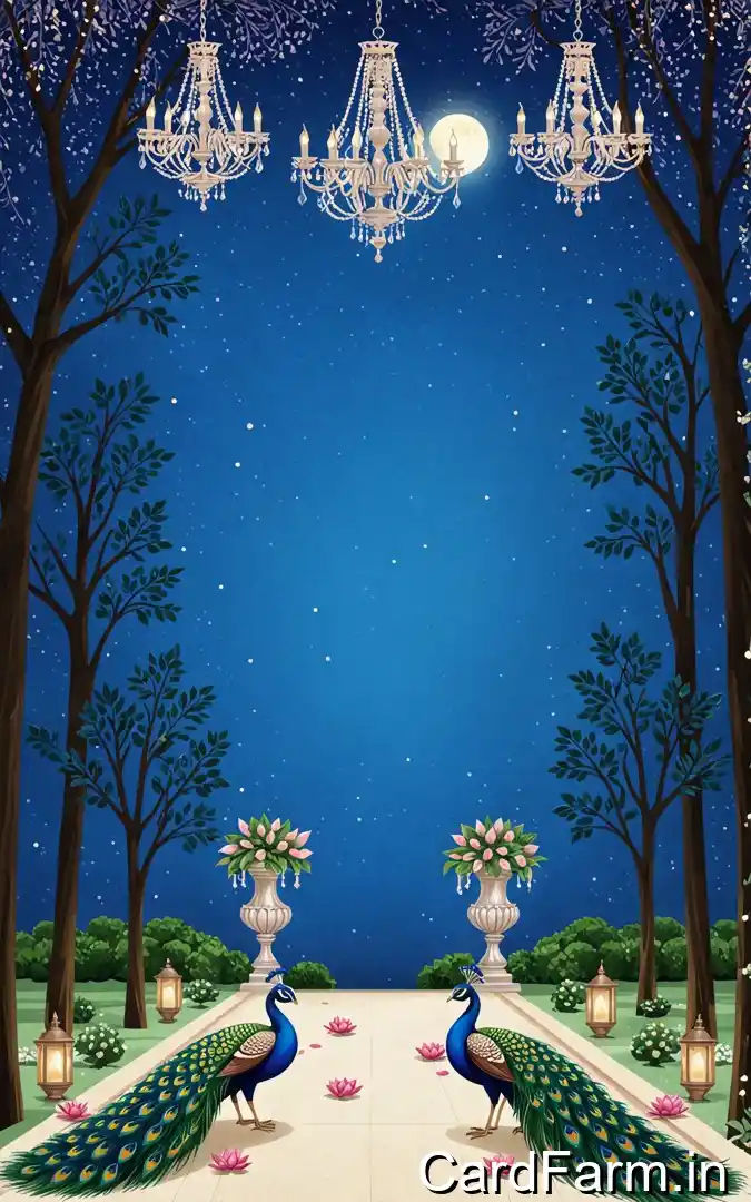 Evening wedding reception invitation with starry night sky, crystal chandeliers, peacock pair on garden pathway, pink lotus flowers, January 2025 Orchid Green Gardens