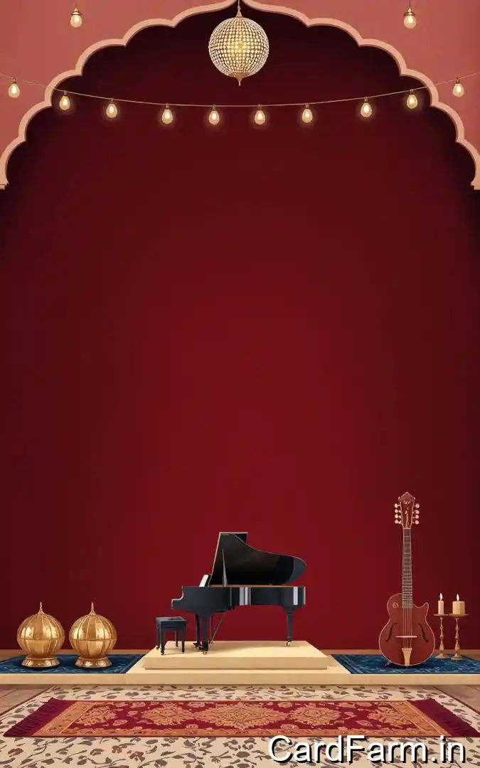 Sangeet musical night invitation with Mughal arch frame, crystal chandelier, string lights, grand piano and sitar, Persian carpet, January wedding Pune