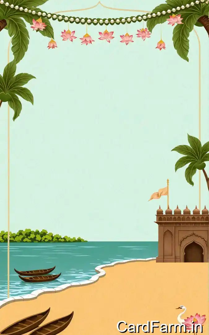 Beach wedding invitation with wooden boats, Mughal gateway, lotus flower garland, turquoise ocean, Aggarwal family contact details