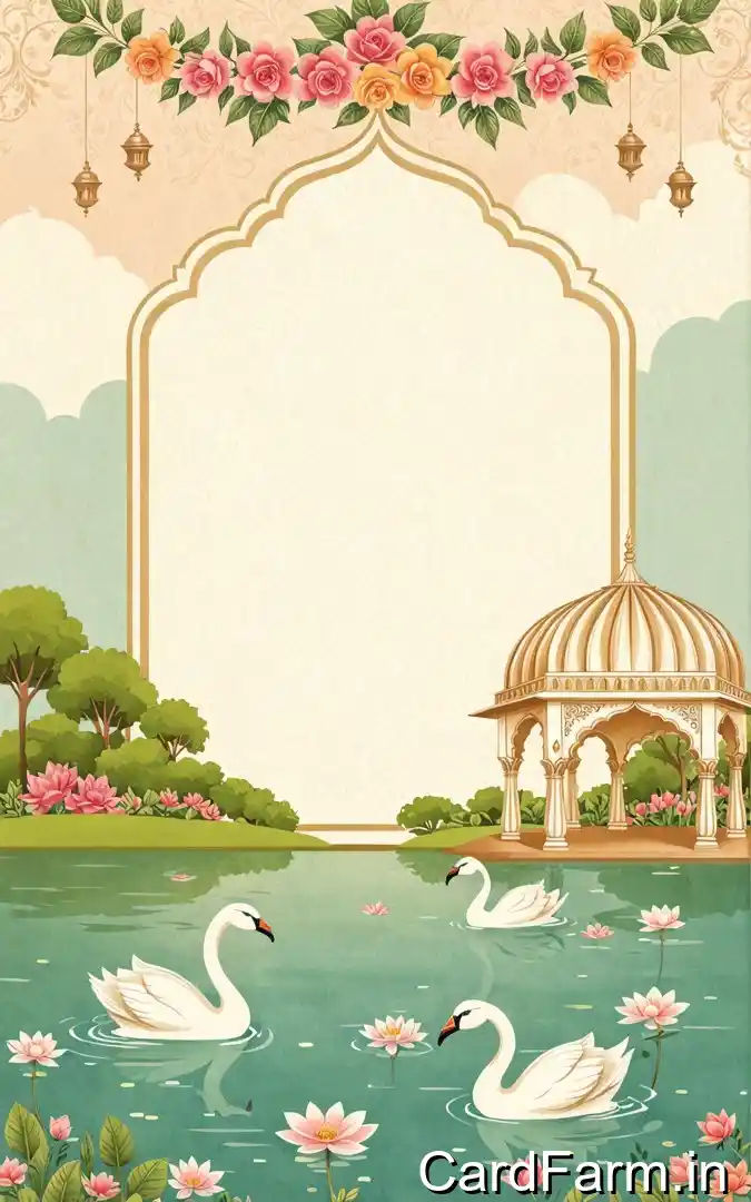 Garden wedding announcement with swan pond, pink lotus flowers, ornate pavilion gazebo, pink orange roses, bride and groom tying the knot Instagram hashtag