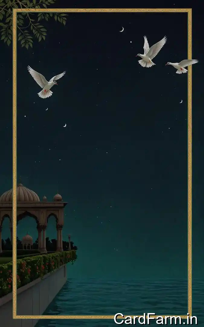 Evening wedding reception invitation with white doves flying, starry night sky, waterfront pavilion, moonlight, January 2025 Orchid Green Gardens