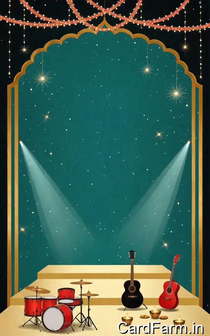 Sangeet musical night invitation with red drum kit, black and red guitars, stage spotlights, marigold string lights, January wedding Pune