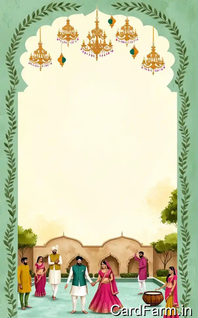 Hindu wedding ceremony invitation with guests in traditional attire, golden chandeliers, green leaf border, October 2025 Orchid Green Gardens Pune blessings only formal dress code