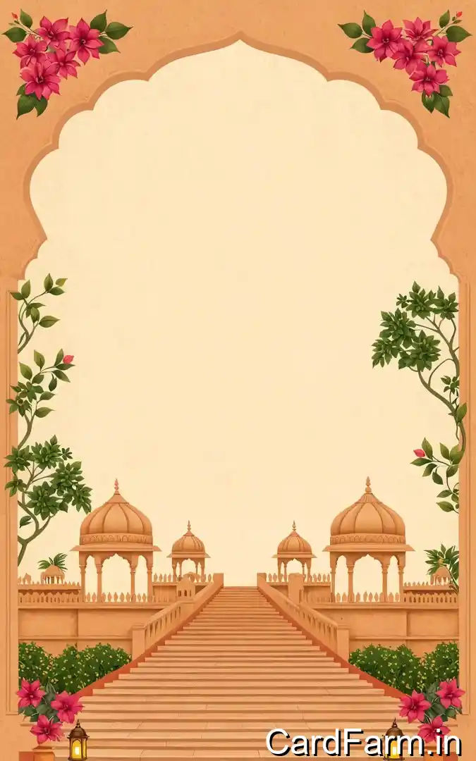 Traditional Indian wedding invitation with pink flowers, peach background, palace stairs with domes, bride and groom family details from Rakesh and Seema Aggarwal