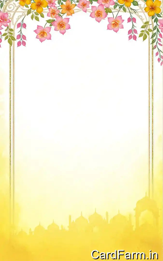 Golden hues of haldi ceremony invitation with pink yellow hanging flowers, golden gradient, mosque silhouette, January 2025 Orchid Green Gardens Pune