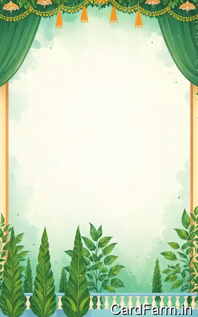 Henna and happiness mehendi ceremony invitation with green drapes, marigold garland, orange tassels, white balcony, August 2025 Orchid Green Gardens Pune