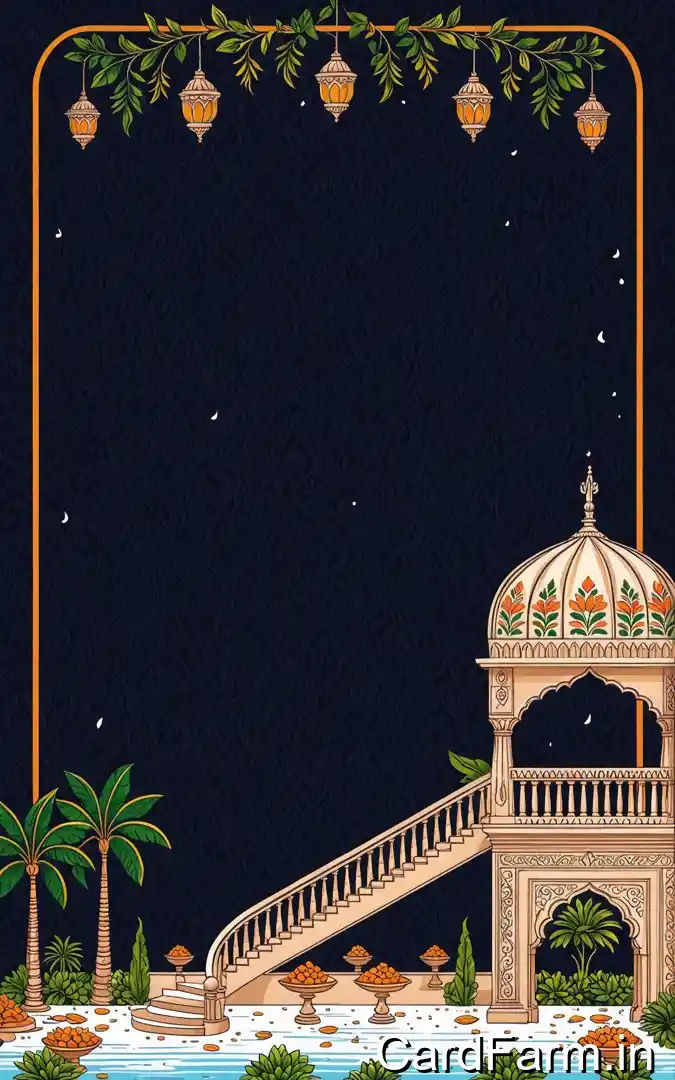 Evening wedding reception invitation with starry night, hanging lanterns, ornate palace staircase with dome pavilion, tropical palms, January 2025 Orchid Green Gardens