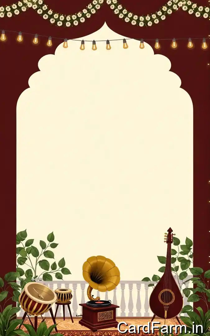 Sangeet musical night invitation with maroon background, white flower garland, vintage gramophone, tabla drums, stringed instrument, January wedding Pune