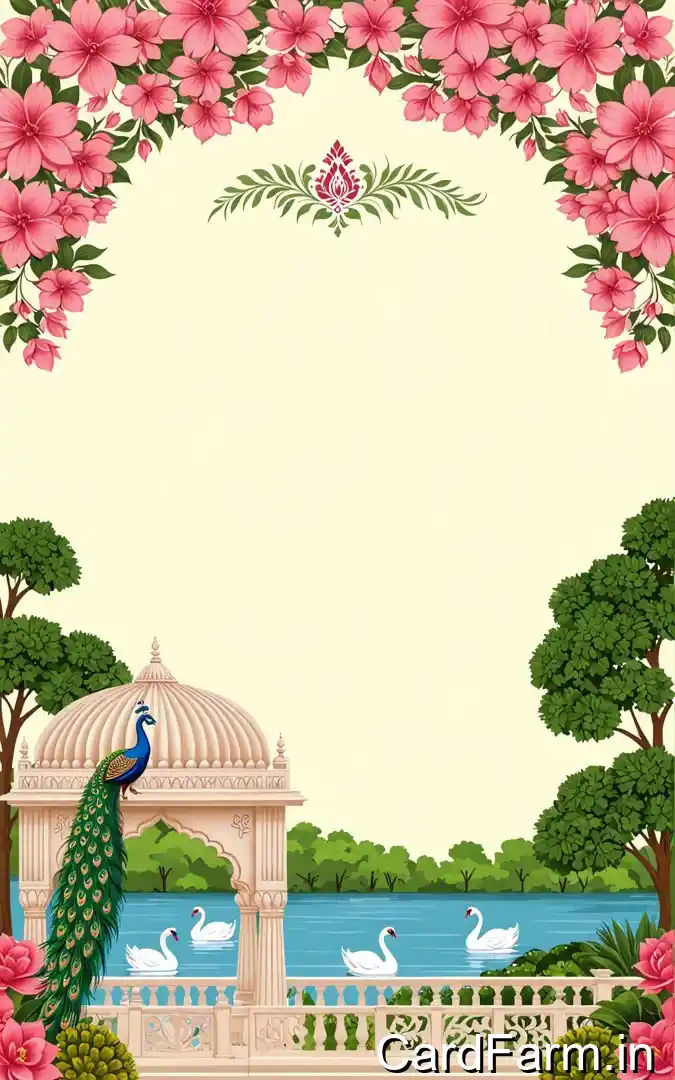 Hindu wedding ceremony invitation with pink flowers border, peacock on white dome pavilion, swan pond, green trees, January 2025 Orchid Green Gardens Pune