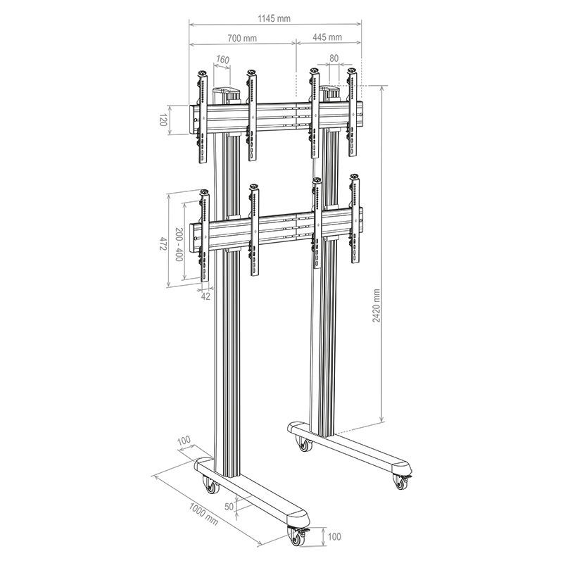 Mobilní stojan pro videostěnu HA-VWT 2 × 2 Portrait, 46–55″, nosnost 4 × 40 kg, 160 kg – pohled 2