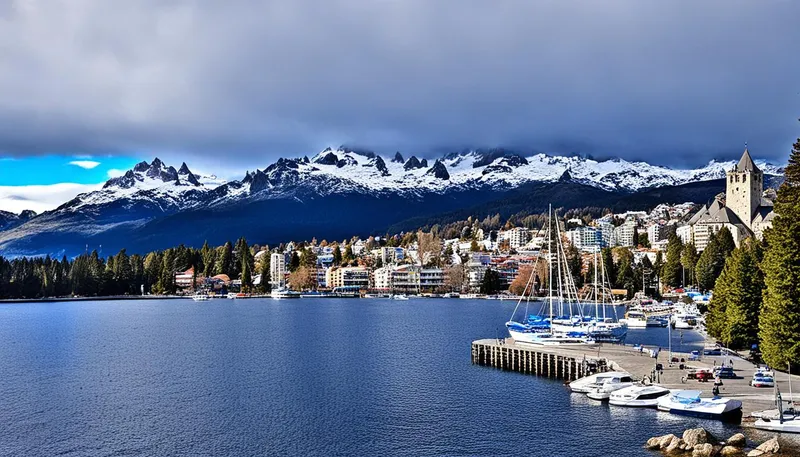 Scenic view of Bariloche with mountains, lake, and boats in the harbor