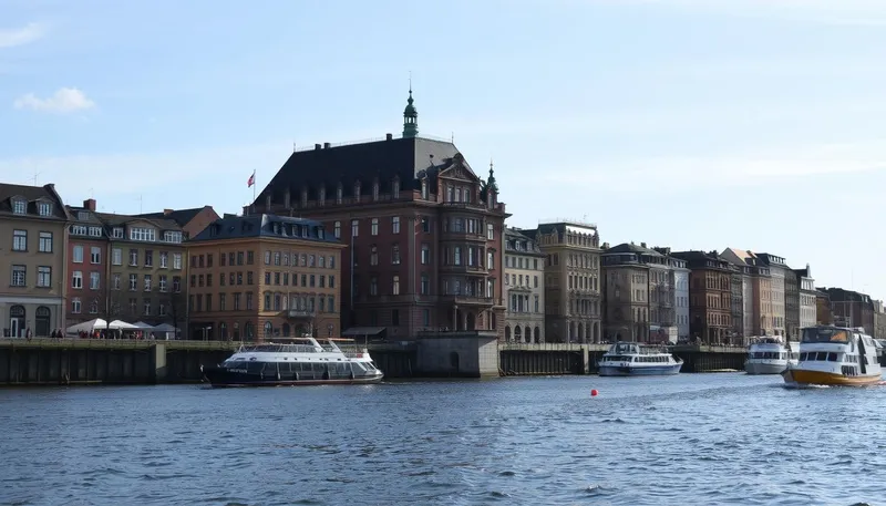 Waterfront view in Stockholm with historic buildings and boats