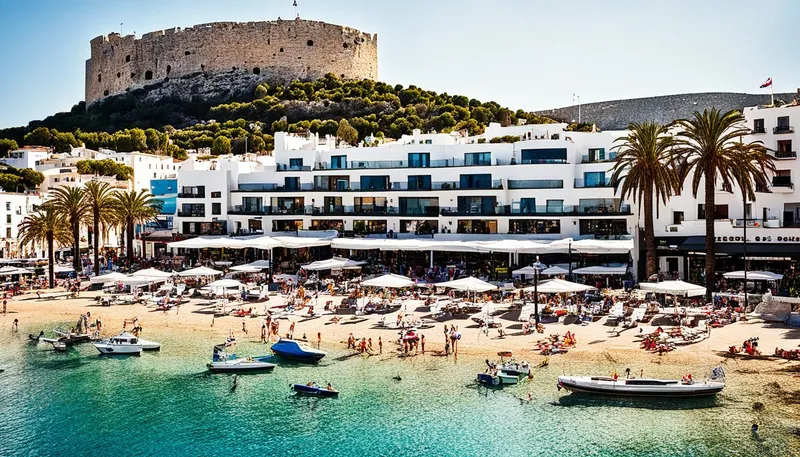 A vibrant beach in Ibiza with sunbathers, turquoise waters, and a historic hilltop fortress