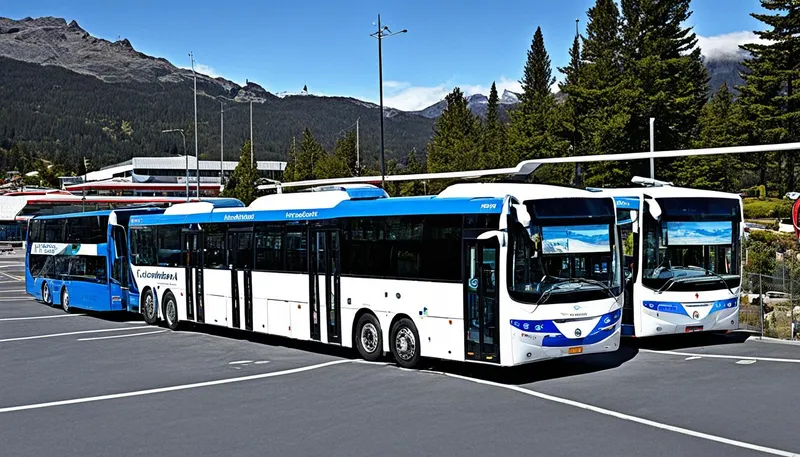 Three buses in a parking lot with a mountain backdrop in Bariloche