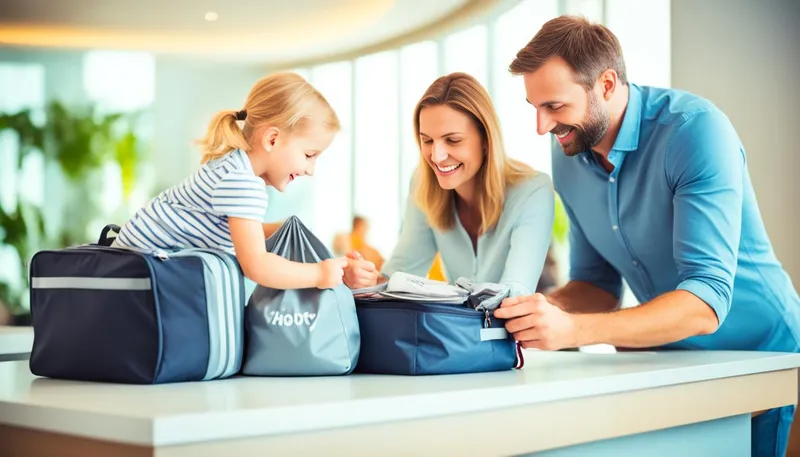 A family packing for a trip, with a child sitting on a suitcase, surrounded by smiling parents