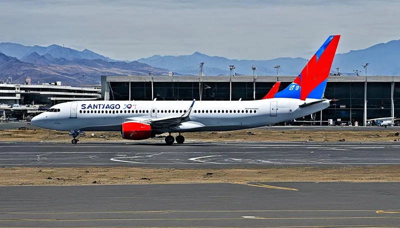 Commercial airplane at Santiago Airport with "SANTIAGO 2023" branding