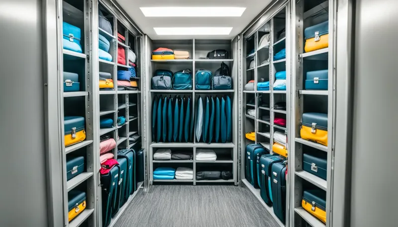 A well-organized storage room with shelves full of various types of luggage