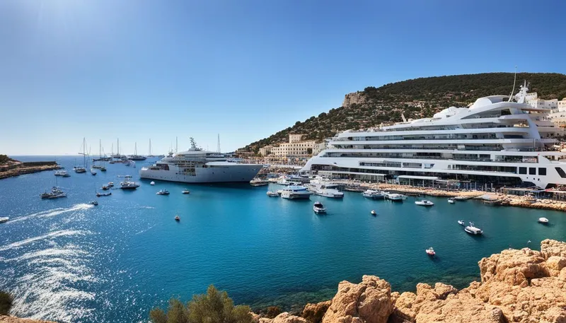 Marina in Ibiza with yachts, boats, and hillside buildings in the background