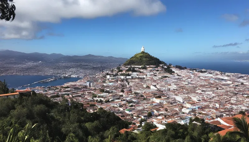 A hilltop white structure amidst Santiago's cityscape, surrounded by greenery and water