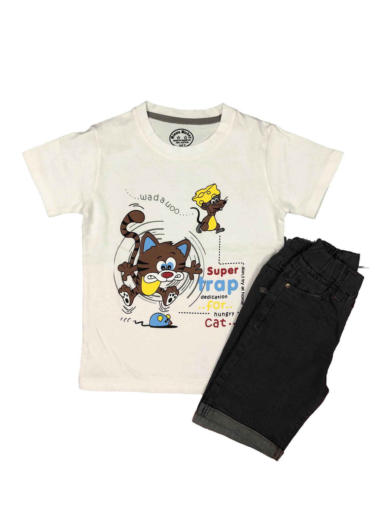 Super Trap Cat White TShirt With Grey Shorts Combo