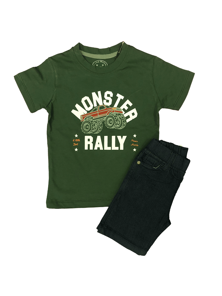 Monster Rally Smokey Green TShirt With Blue Shorts Combo