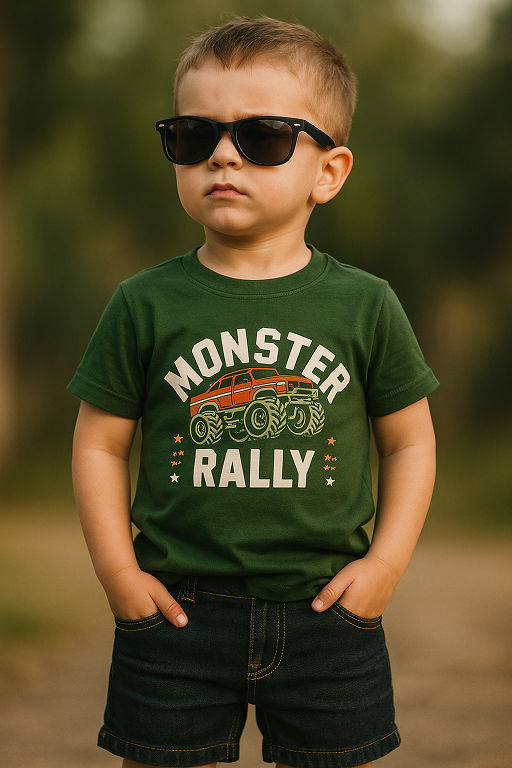 Monster Rally Smokey Green TShirt With Blue Shorts Combo