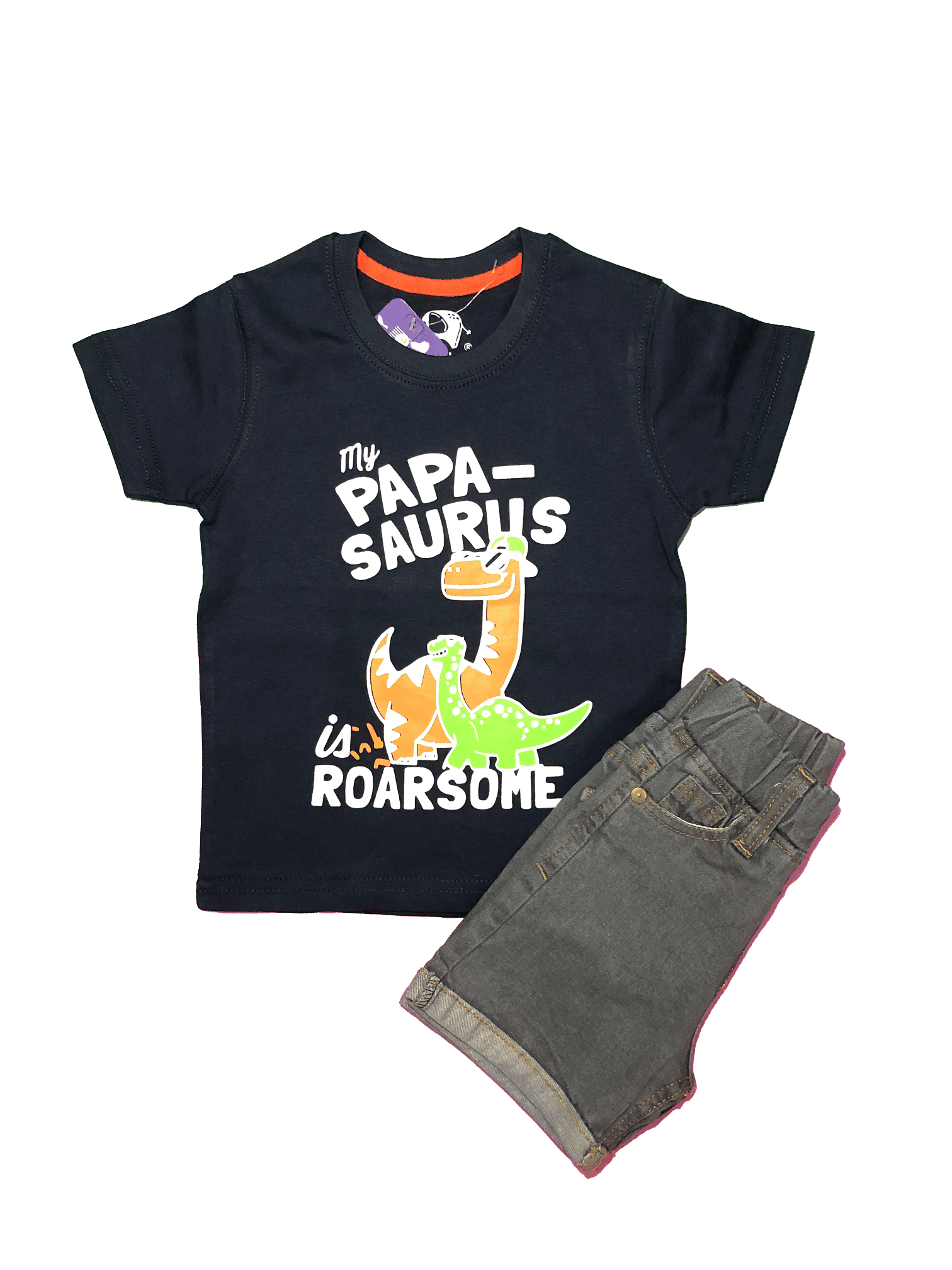 Papa Saurus Dinosaur Navy Blue TShirt With Grey Shorts Combo
