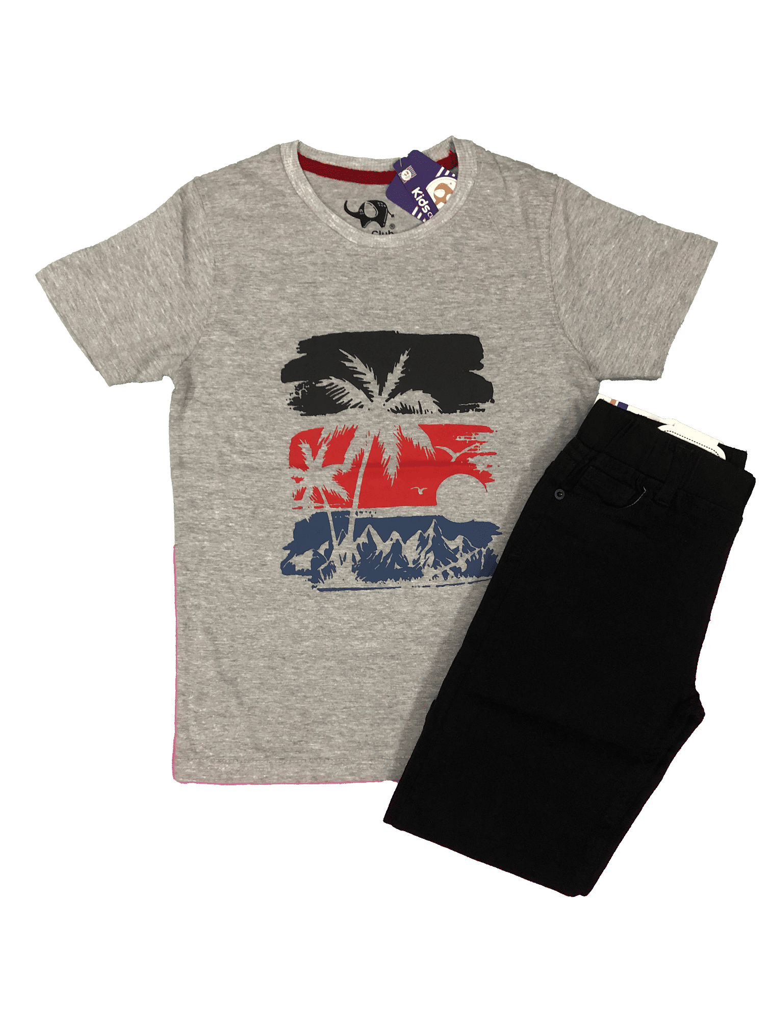Tropical Sunset Grey TShirt With Black Shorts Combo