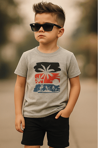 Tropical Sunset Grey TShirt With Black Shorts Combo
