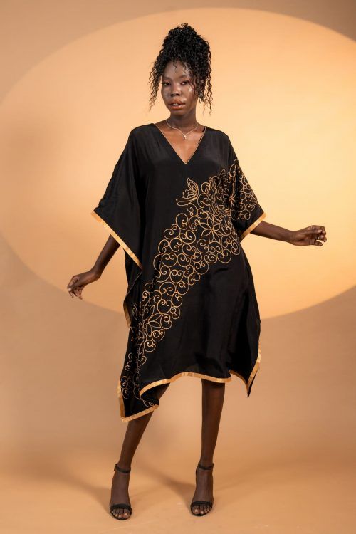 Golden Spiral Silk Black Kaftan Dress