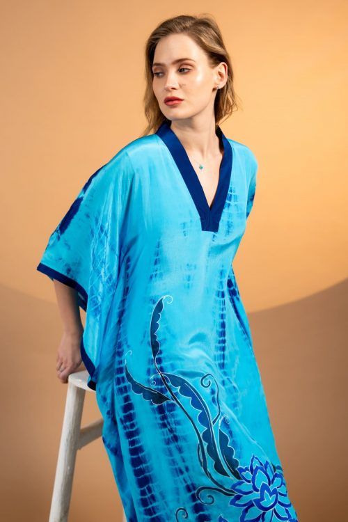Light Blue and Deep Blue Crepe Silk Kaftan Dress