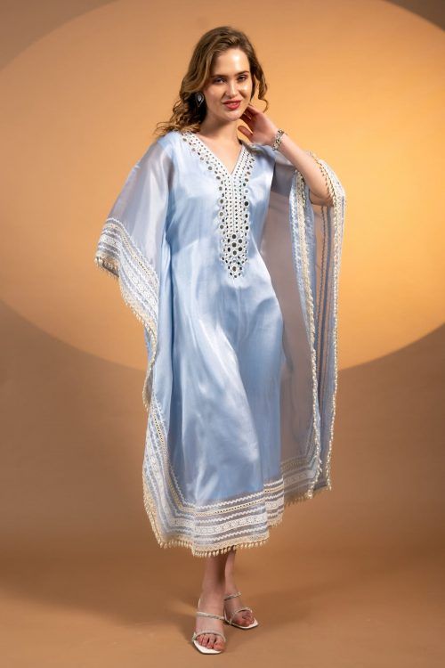 Handcrafted Light Blue Organza Silk Kaftan Dress