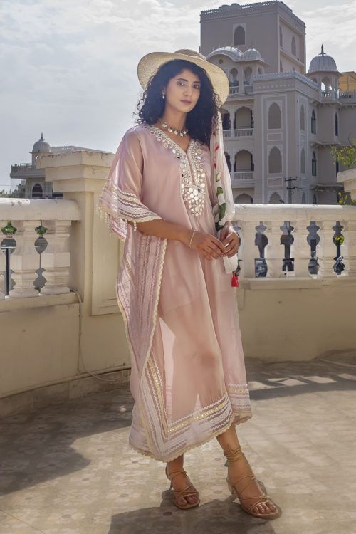 Handcrafted Powder Pink Organza Silk Kaftan Dress