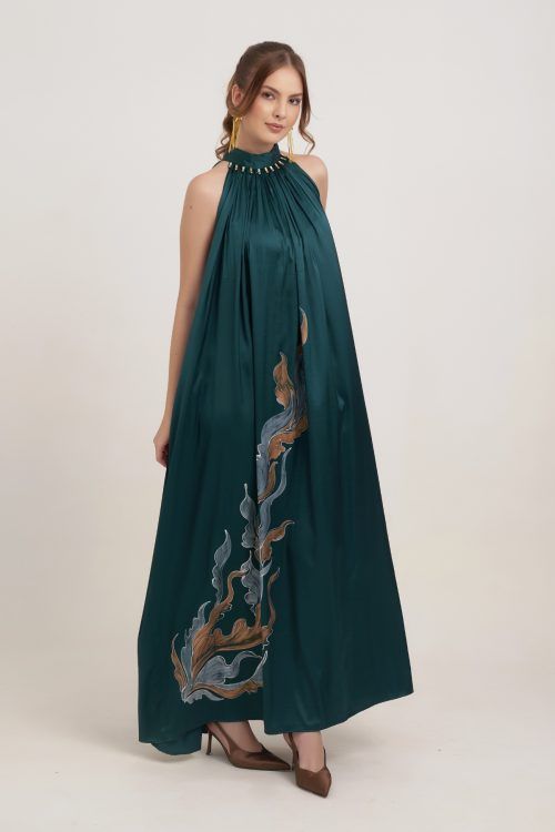The Deep Forest Hand-Painted Silk Gown Dress