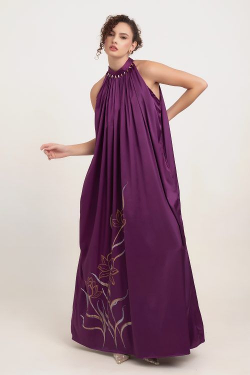 The Plum Lotus Hand-Painted Silk Gown Dress