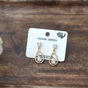 Gold Pear Shaped Halo Crystal Drop Earrings Product Image