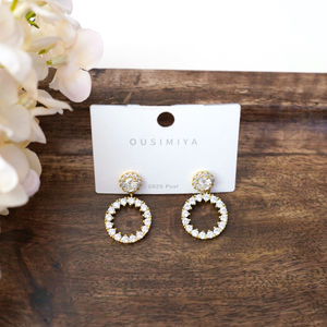 Gold Double Circle Crystal Drop Earrings Product Image