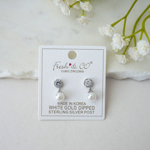 Sterling Silver Circle Halo Diamond And Pearl Dangle Stud White Gold Dipped Earrings Product Image